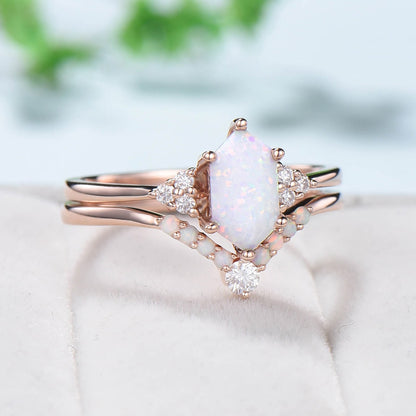 Retro Long hexagon fire opal ring women vintage white opal engagement ring set crown moissanite Stacking ring Wedding Gold Band Ring Set - PENFINE
