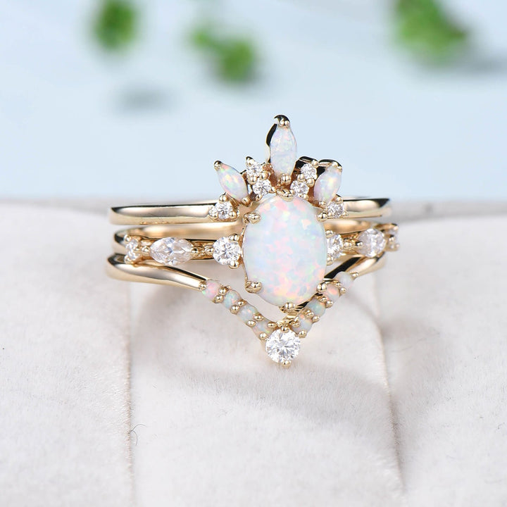 White opal engagement ring set Oval cut fire opal wedding rings women Vintage Rose gold unique bridal ring set Birthstone ring gift Art deco - PENFINE