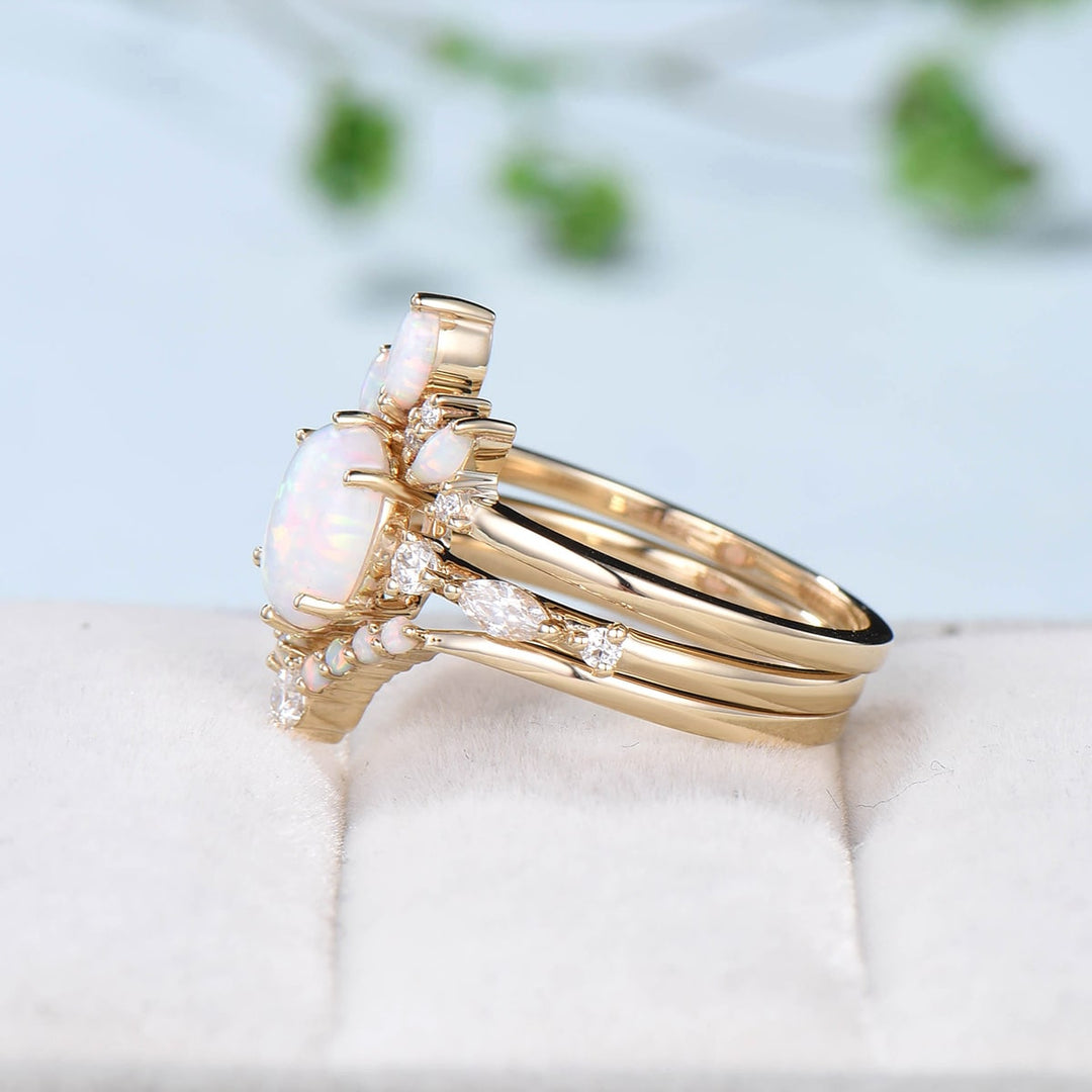 White opal engagement ring set Oval cut fire opal wedding rings women Vintage Rose gold unique bridal ring set Birthstone ring gift Art deco - PENFINE