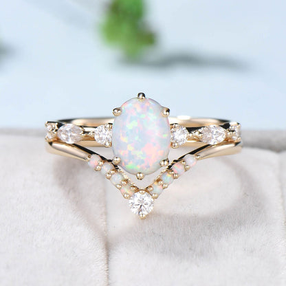 White opal engagement ring set Oval cut fire opal wedding rings women Vintage Rose gold unique bridal ring set Birthstone ring gift Art deco - PENFINE