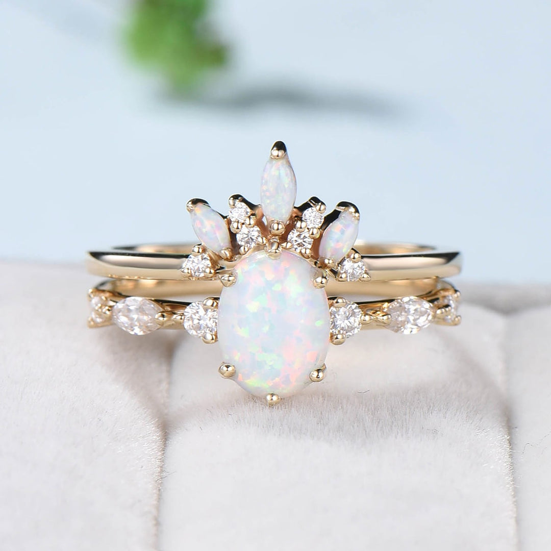 White opal engagement ring set Oval cut fire opal wedding rings women Vintage Rose gold unique bridal ring set Birthstone ring gift Art deco - PENFINE