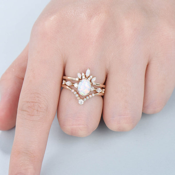 White opal engagement ring set Oval cut fire opal wedding rings women Vintage Rose gold unique bridal ring set Birthstone ring gift Art deco - PENFINE