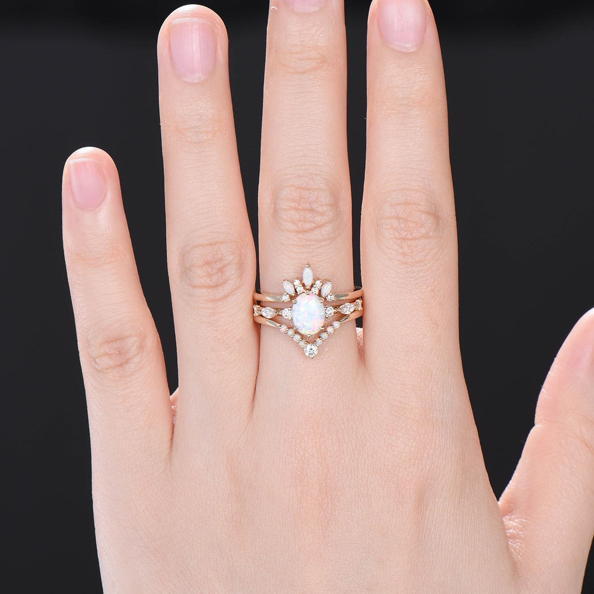 White opal engagement ring set Oval cut fire opal wedding rings women Vintage Rose gold unique bridal ring set Birthstone ring gift Art deco - PENFINE