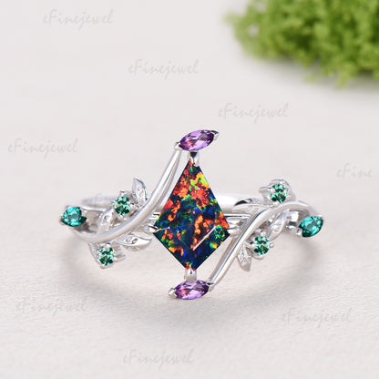 1CT Kite Cut White/Black/Blue Fire Opal Engagement Ring, Marquise Amethyst Emerald Leaf Vine Band