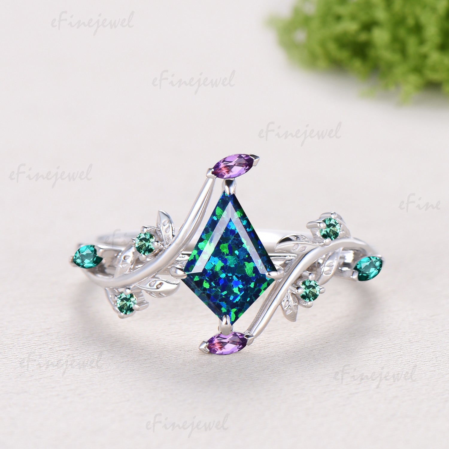 1CT Kite Cut White/Black/Blue Fire Opal Engagement Ring, Marquise Amethyst Emerald Leaf Vine Band