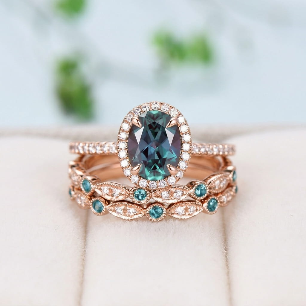 Vintage 1.5CT Oval Alexandrite Engagement Ring Set, halo Dimaond Wedding Ring Set