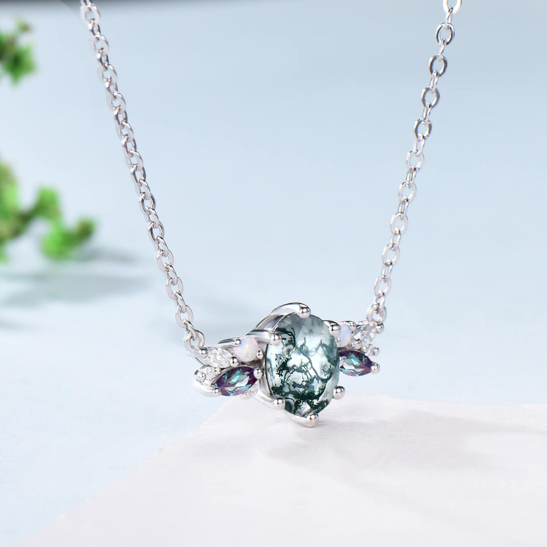 Vintage Moon Green Agate Pendant Necklace Unique Nature Inspired Moss Agate Pendant Alternative Cute Alexandrite Opal Necklace For Women - PENFINE