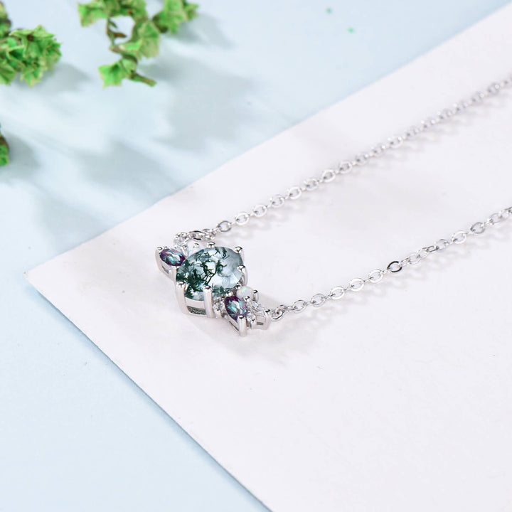 Vintage Moon Green Agate Pendant Necklace Unique Nature Inspired Moss Agate Pendant Alternative Cute Alexandrite Opal Necklace For Women - PENFINE