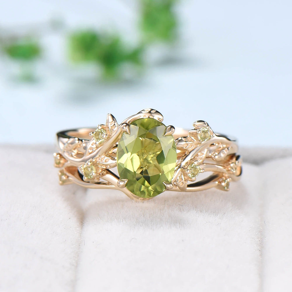 Vintage peridot wedding ring set Leaf twig engagement ring set Art deco Natural Inspired white gold bridal set for women Branch promise ring - PENFINE