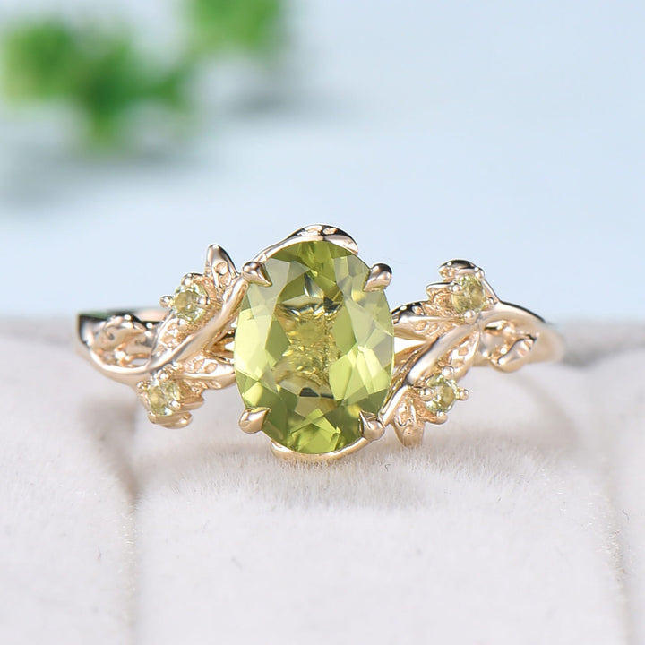 Vintage peridot wedding ring set Leaf twig engagement ring set Art deco Natural Inspired white gold bridal set for women Branch promise ring - PENFINE