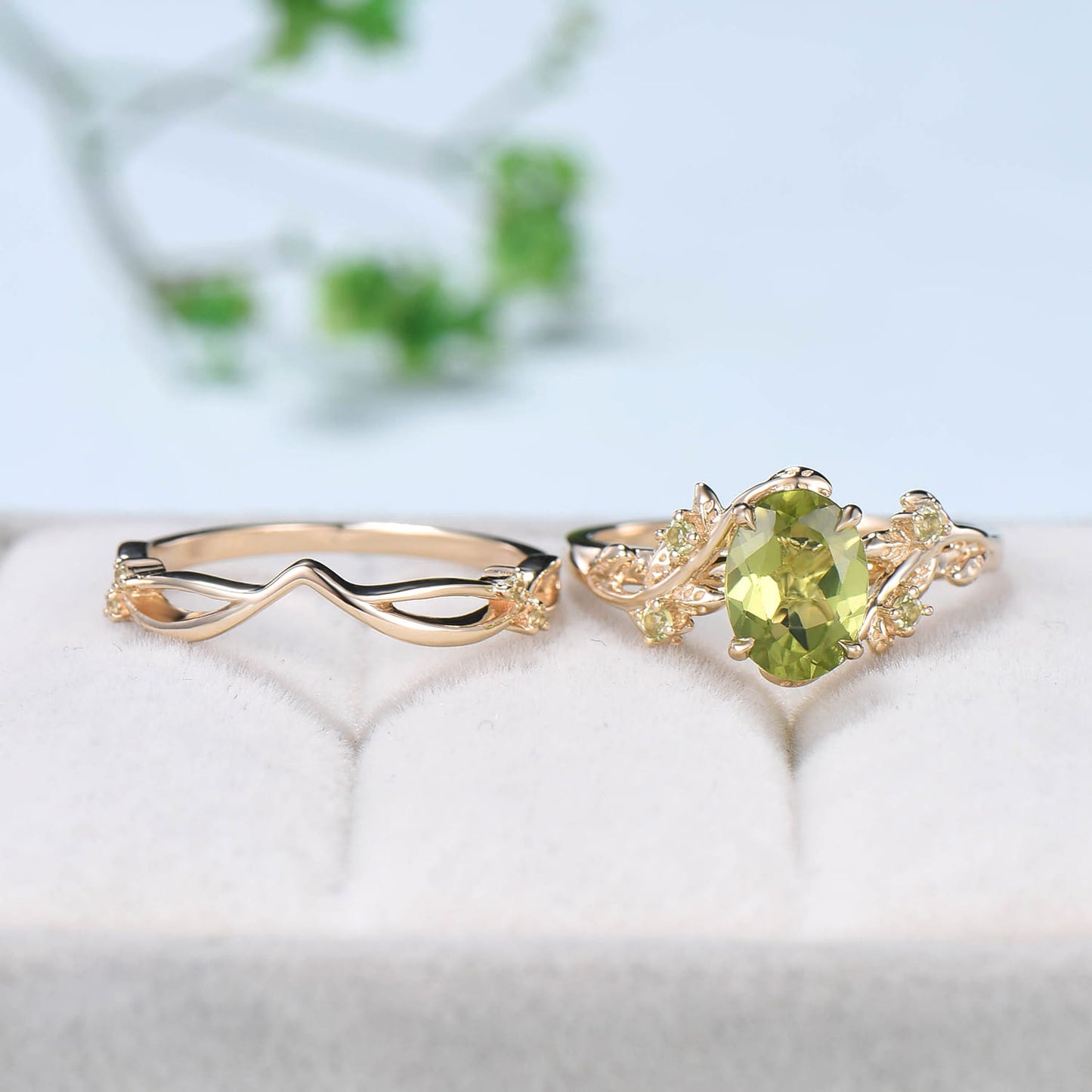 Vintage peridot wedding ring set Leaf twig engagement ring set Art deco Natural Inspired white gold bridal set for women Branch promise ring - PENFINE