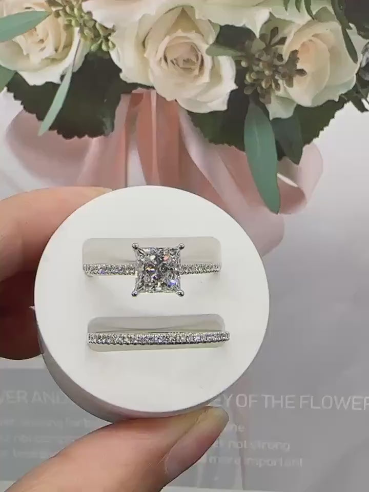 1ct Princess Cut CVD Grown Diamond Engagement Ring Set - 14K White Gold Wedding Band