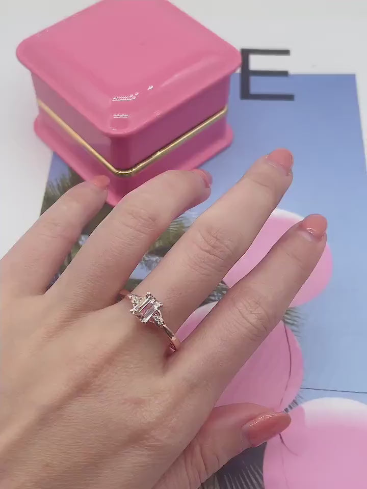 Emerald Cut Morganite Engagement Ring, 14K Rose Gold Diamond Accent