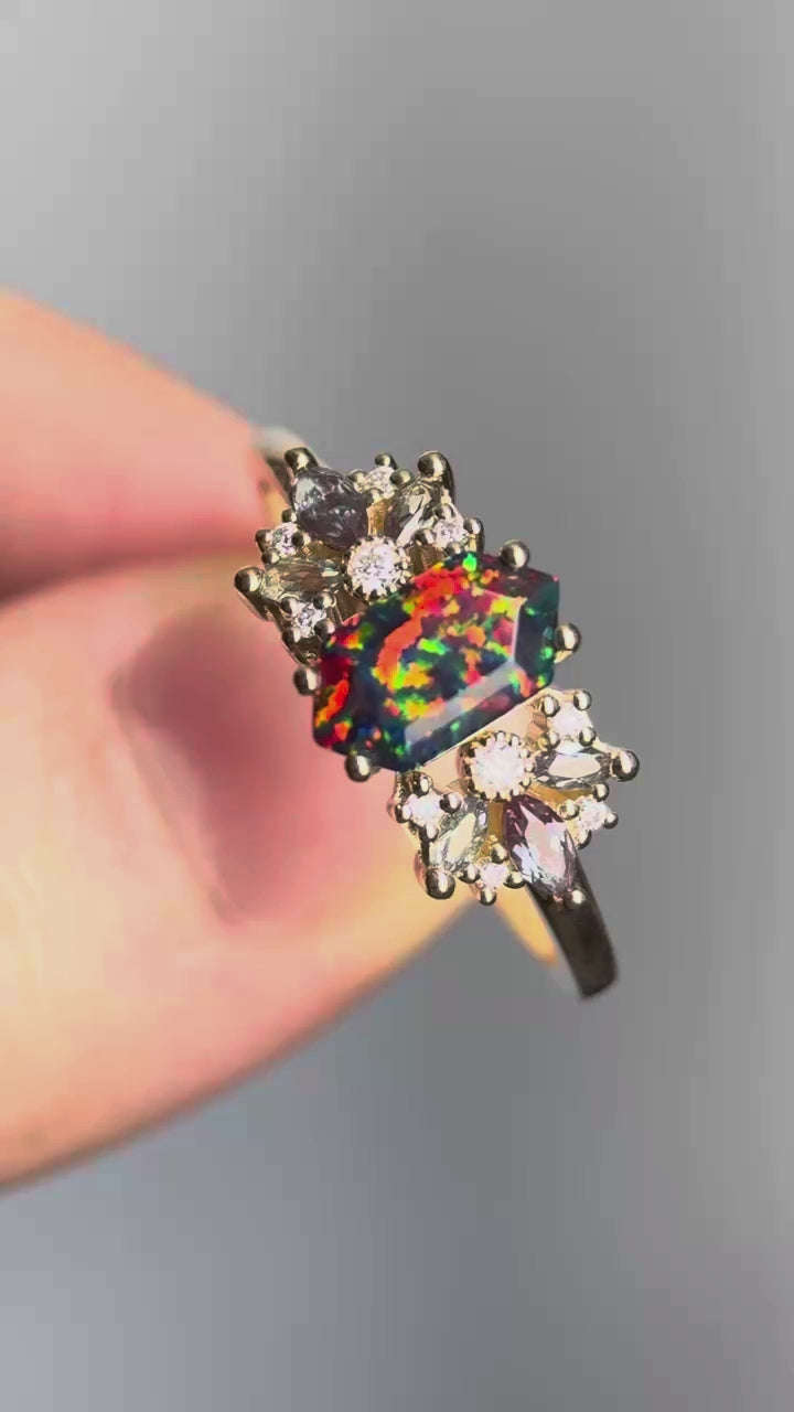 Vintage Black Fire Opal Engagement Ring Unique Marquise Alexandrite Ring Art Deco Birthstone Wedding Ring Anniversary Promise Gift For Women