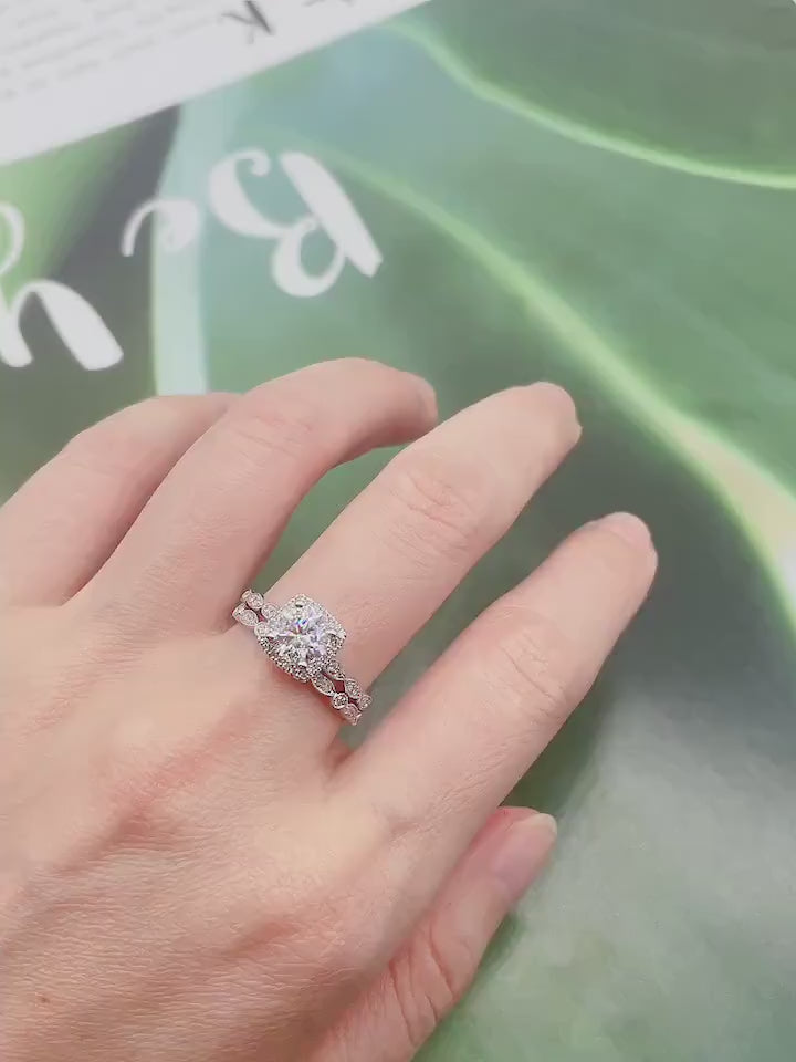 Handmade 14K White Gold Lab Grown Diamond Halo Bridal Ring Set Are Deco Milgrain Diamond Engagement Ring
