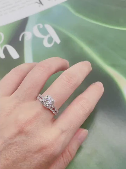 Handmade 14K White Gold Lab Grown Diamond Halo Bridal Ring Set Are Deco Milgrain Diamond Engagement Ring