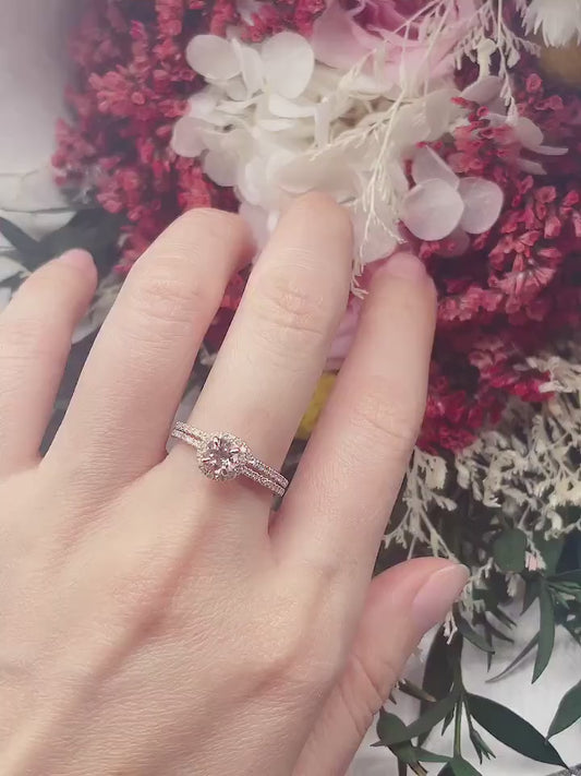 Vintage 14K Rose Gold Morganite Ring Set, Diamond Wedding Band