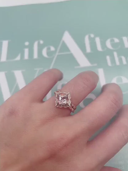 Cushion Morganite Engagement Ring Set, Rose Gold Diamond Wedding Band, Art Deco Bridal Jewelry