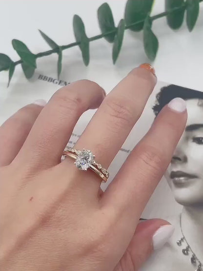 Vintage 14K Gold Oval Grown Diamond Engagement Ring Set: Marquise Wedding Band