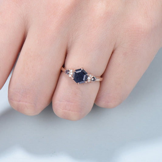 Celestial moon blue sandstone engagement ring hexagon cut Unique galaxy starry sky wedding ring vintage crescent moon Proposal Gifts Women - PENFINE
