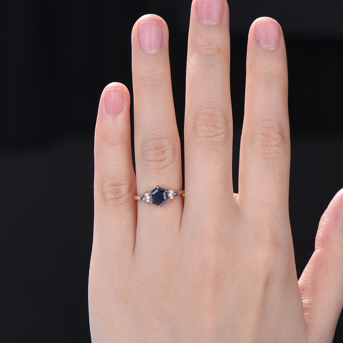 Celestial moon blue sandstone engagement ring hexagon cut