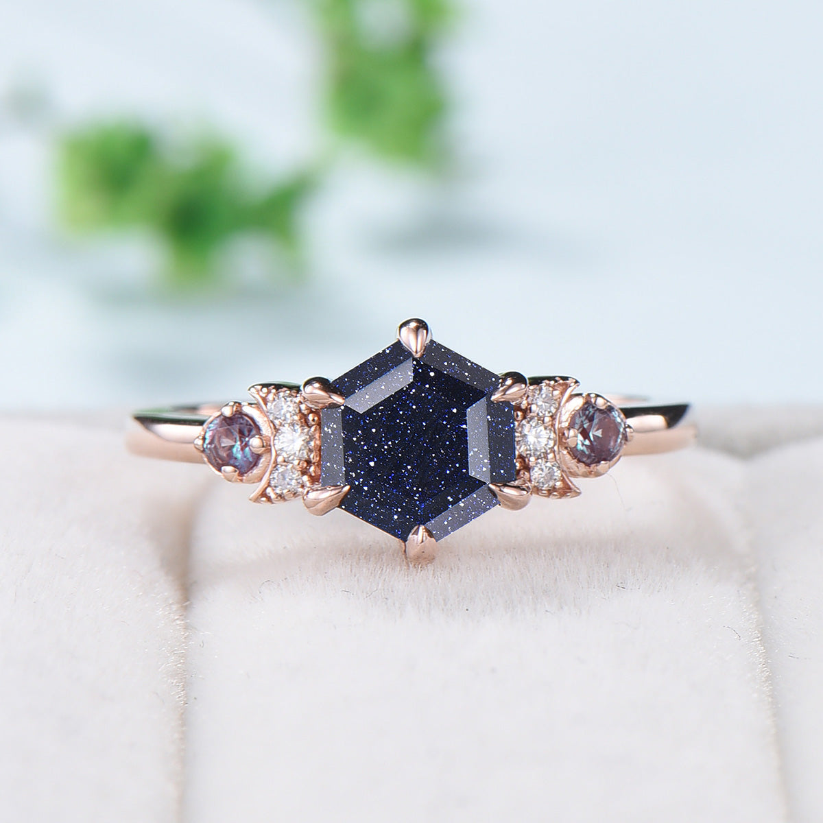Celestial moon blue sandstone engagement ring hexagon cut Unique