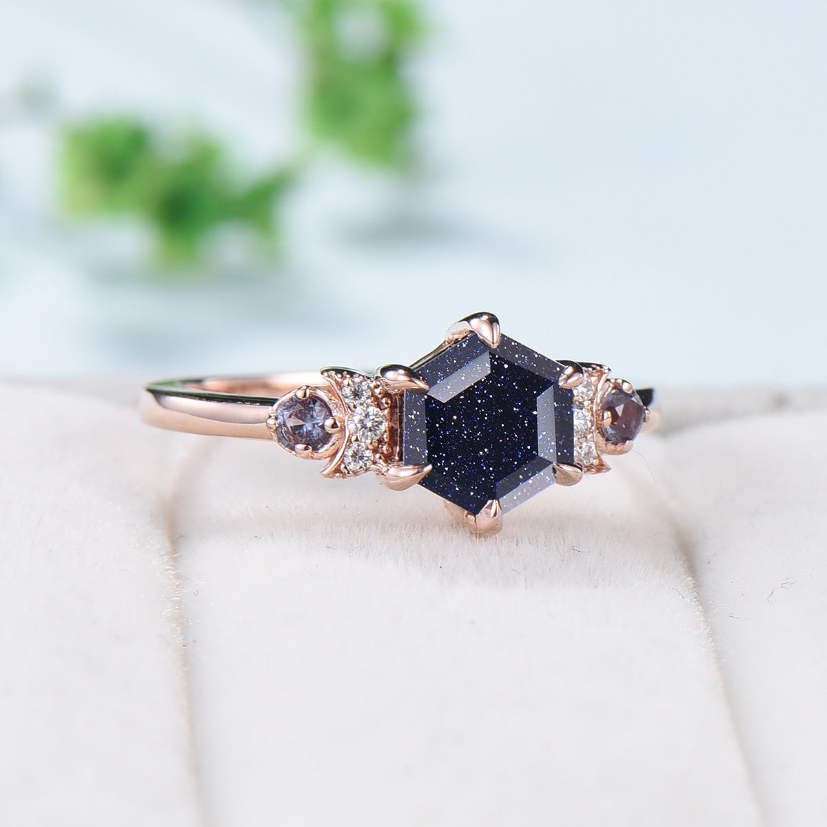 Celestial moon blue sandstone engagement ring hexagon cut Unique