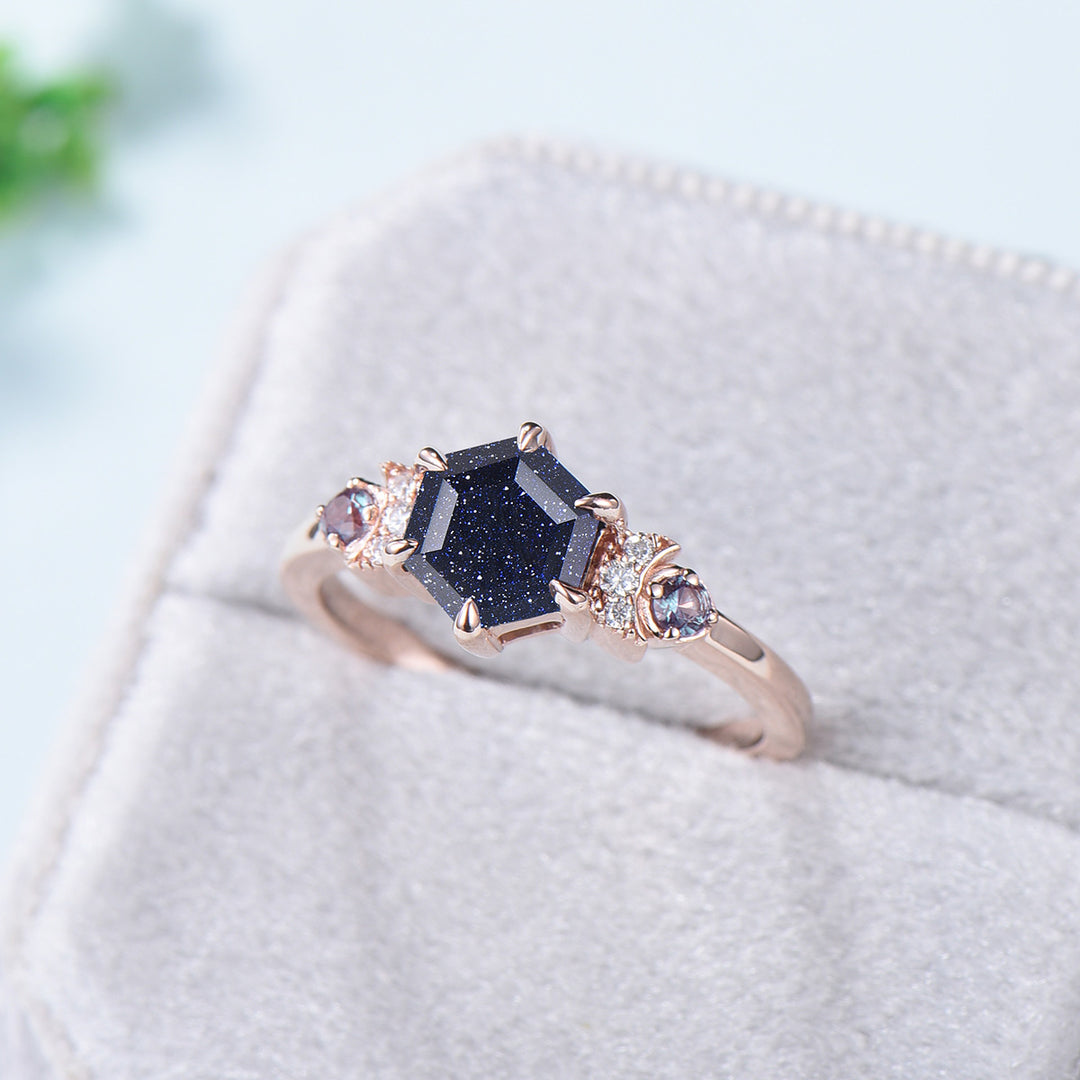 Celestial moon blue sandstone engagement ring hexagon cut Unique galaxy starry sky wedding ring vintage crescent moon Proposal Gifts Women - PENFINE