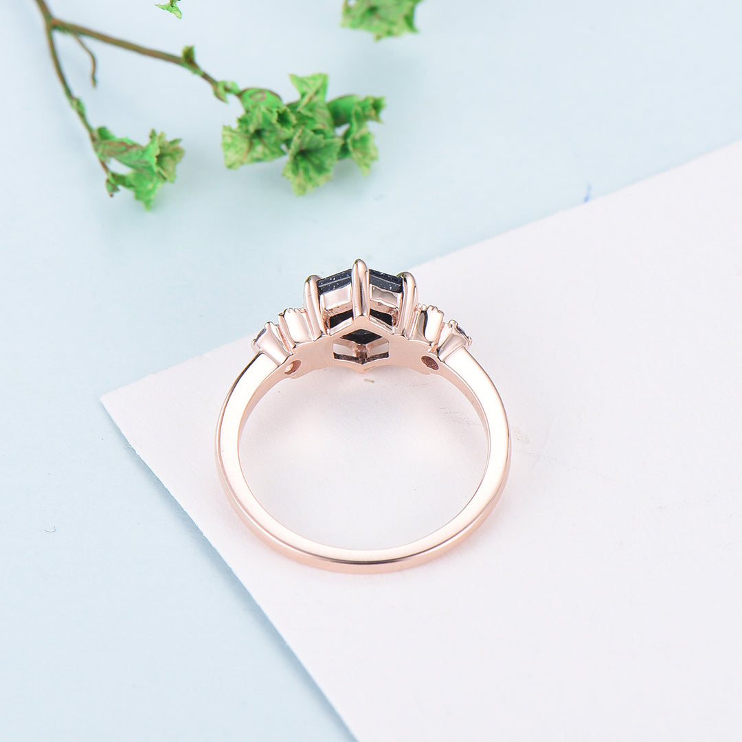 Celestial moon blue sandstone engagement ring hexagon cut Unique galaxy starry sky wedding ring vintage crescent moon Proposal Gifts Women - PENFINE