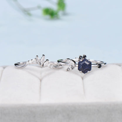 Vintage Blue Sandstone Engagement Ring Set Unique Galaxy Wedding Ring Set Rose Gold Cluster Black Onyx Bridal Set Women Anniversary Gift - PENFINE