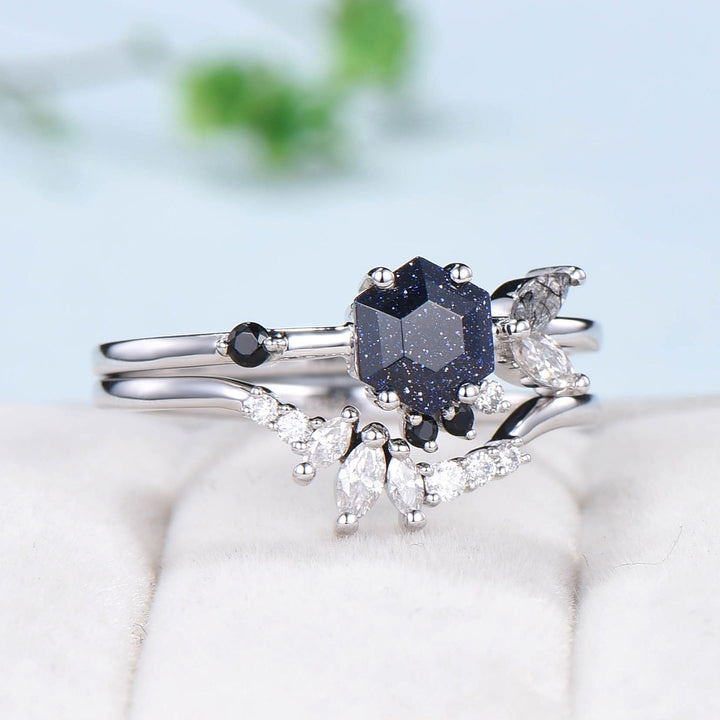 Vintage Blue Sandstone Engagement Ring Set Unique Galaxy Wedding Ring Set Rose Gold Cluster Black Onyx Bridal Set Women Anniversary Gift - PENFINE