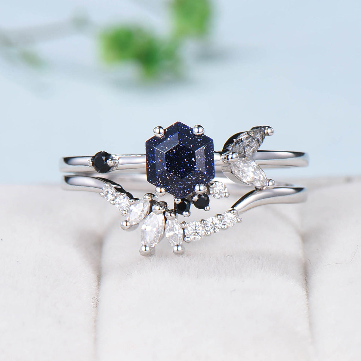 Vintage Blue Sandstone Engagement Ring Set Unique Galaxy Wedding Ring Set Rose Gold Cluster Black Onyx Bridal Set Women Anniversary Gift - PENFINE