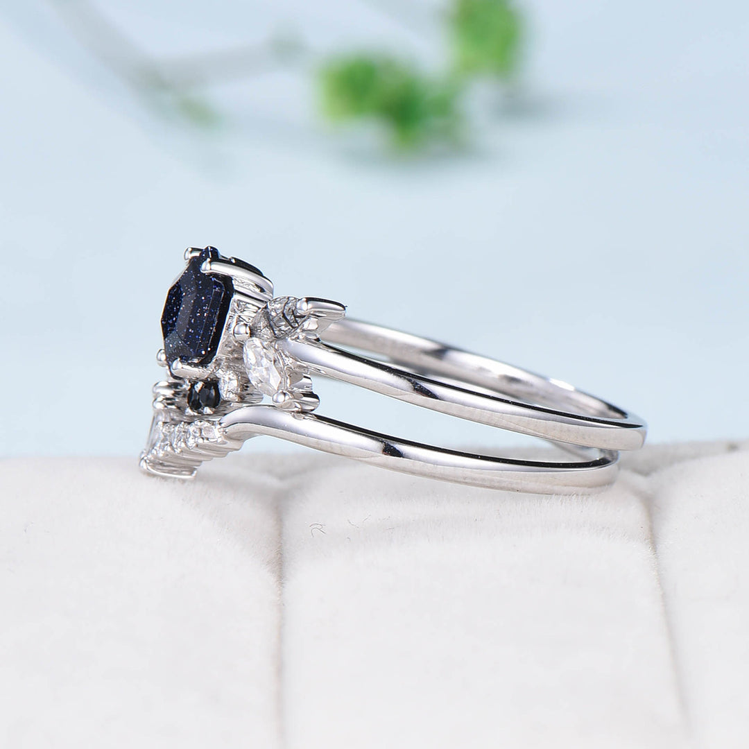 Vintage Blue Sandstone Engagement Ring Set Unique Galaxy Wedding Ring Set Rose Gold Cluster Black Onyx Bridal Set Women Anniversary Gift - PENFINE