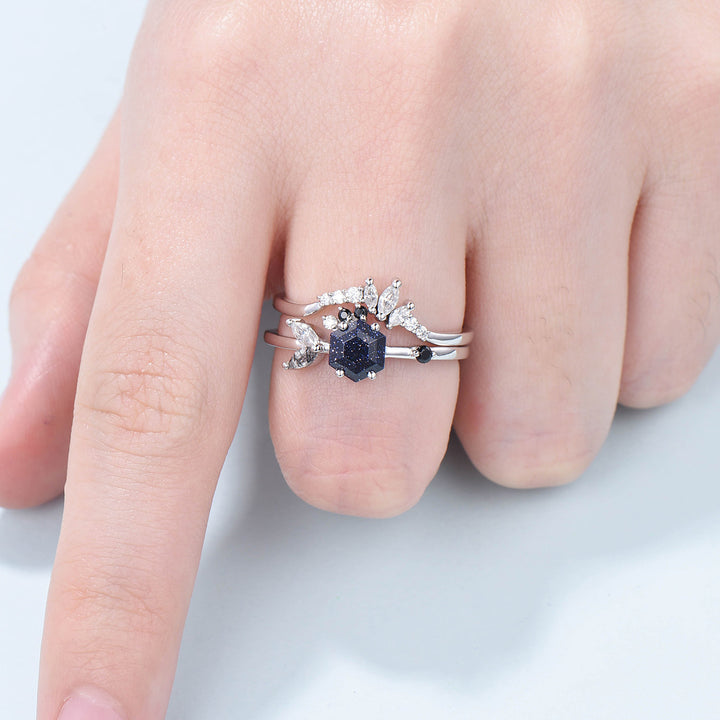 Vintage Blue Sandstone Engagement Ring Set Unique Galaxy Wedding Ring Set Rose Gold Cluster Black Onyx Bridal Set Women Anniversary Gift - PENFINE