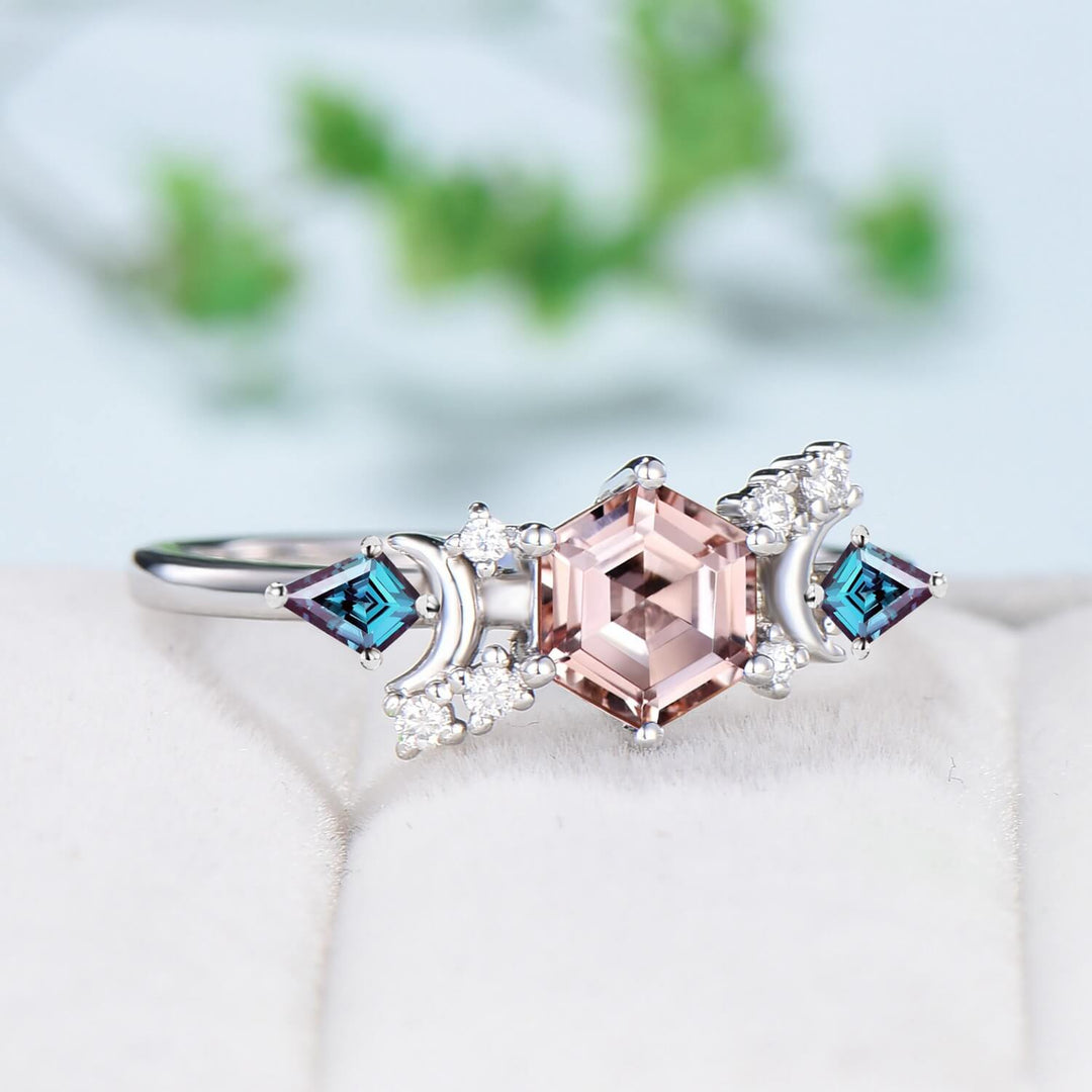 Vintage pink morganite engagement ring crescent moon hexagon morganite wedding ring Unique cluster kite alexandrite anniversary ring gift - PENFINE