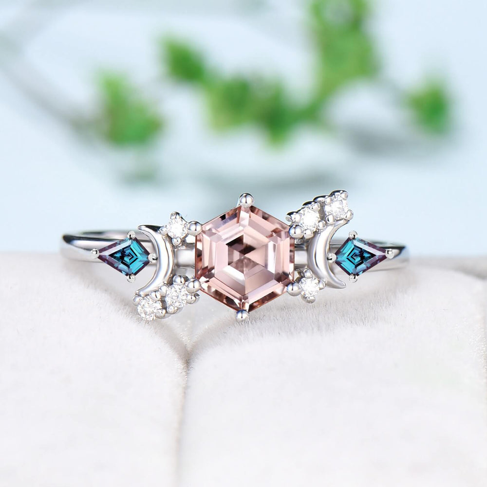 Vintage pink morganite engagement ring crescent moon hexagon morganite wedding ring Unique cluster kite alexandrite anniversary ring gift - PENFINE