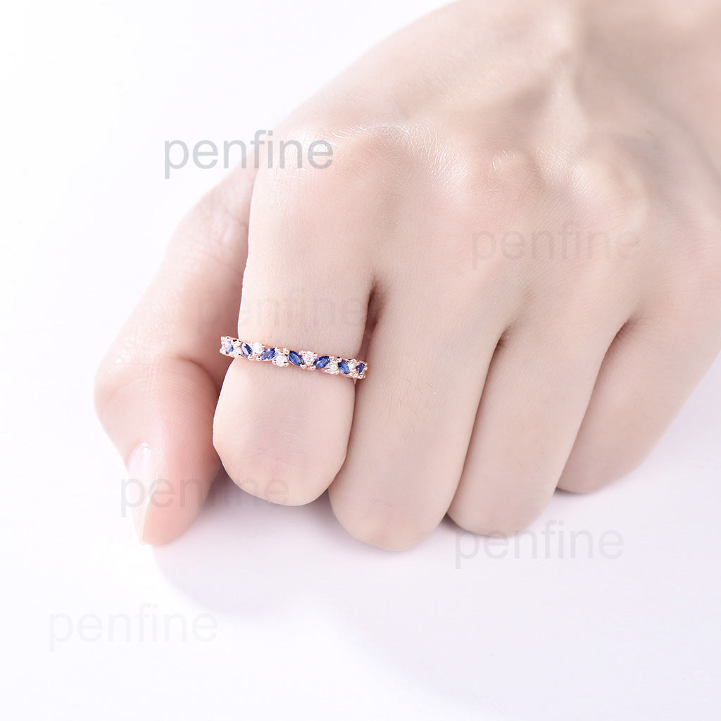 Art Deco Stacking Matching Band Marquise Moissanite Sapphire Ring - PENFINE