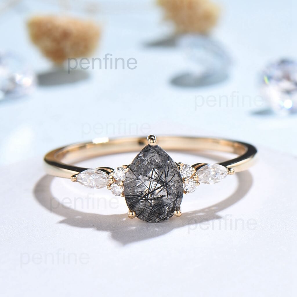 yellow gold black rutilated quartz engagement ring 