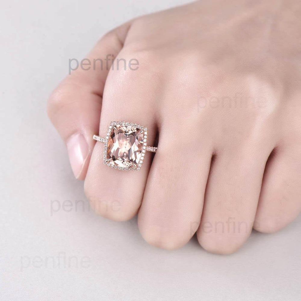 10X12mm Cushion Morganite Diamond Engagement Ring Rose Gold Claw Prong - PENFINE