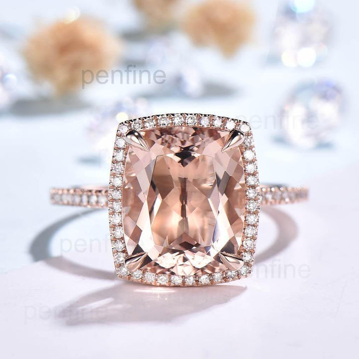 10X12mm Cushion Morganite Diamond Engagement Ring Rose Gold Claw Prong - PENFINE