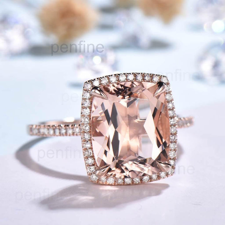 10X12mm Cushion Morganite Diamond Engagement Ring Rose Gold Claw Prong - PENFINE