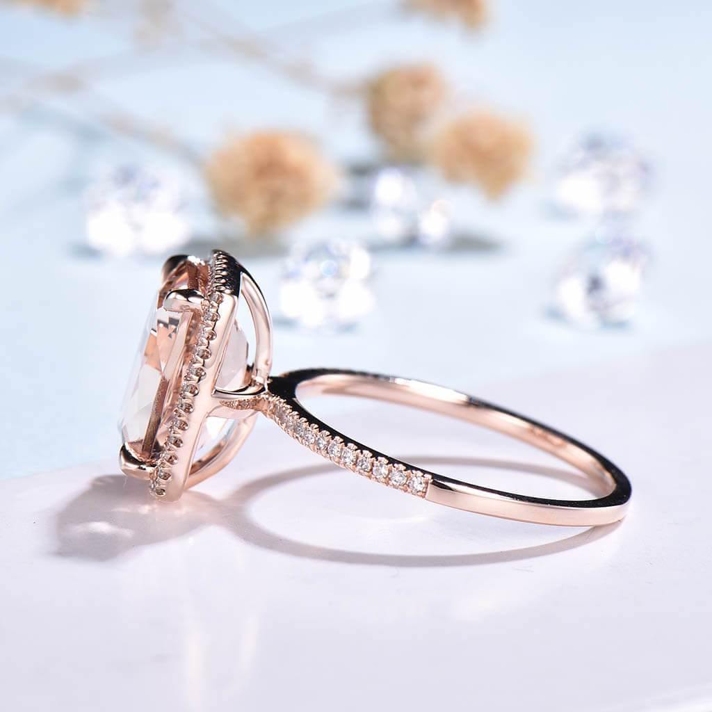 10X12mm Cushion Morganite Diamond Engagement Ring Rose Gold Claw Prong - PENFINE