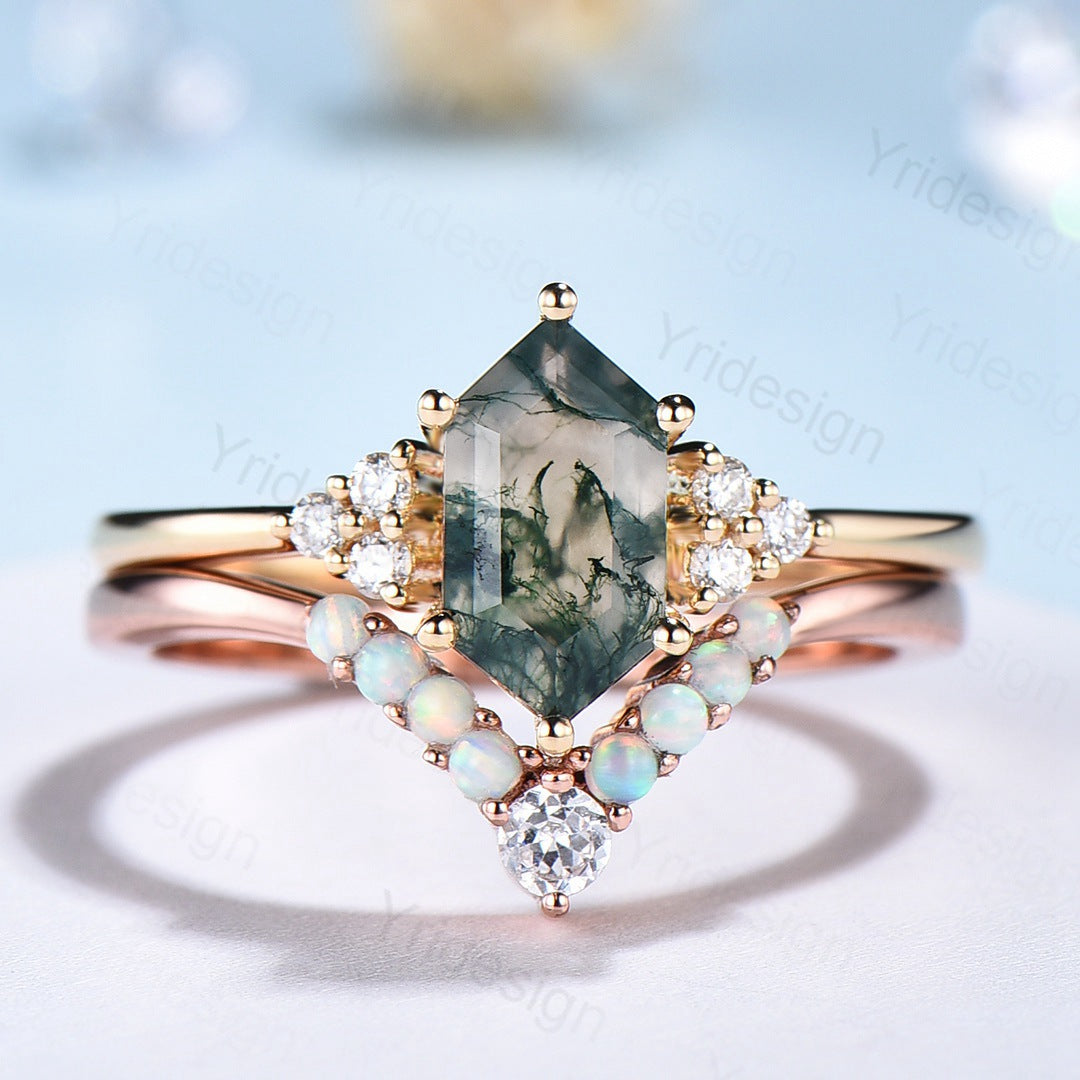 Unique hexagon moss agate ring women vintage green moss agate engagement ring set opal moissanite wedding set anniversary promise ring - PENFINE