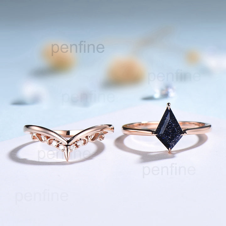 Kite cut blue sandstone ring for women solitaire engagement ring set 14k rose gold - PENFINE