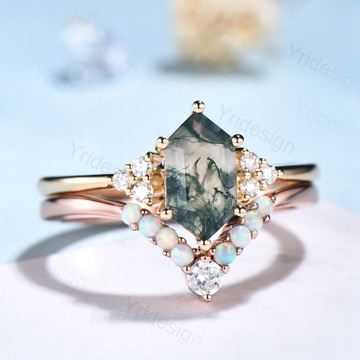 Unique hexagon moss agate ring women vintage green moss agate engagement ring set opal moissanite wedding set anniversary promise ring - PENFINE