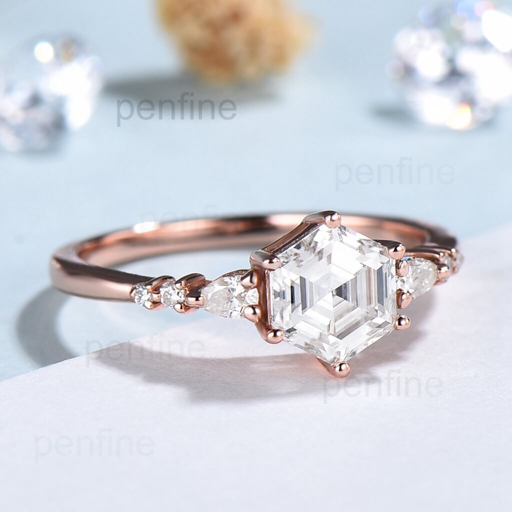 Minimalist moissanite engagement ring rose gold | Hexagon cut engagement ring women | Art Deco diamond bridal set | Vintage Anniversary ring - PENFINE