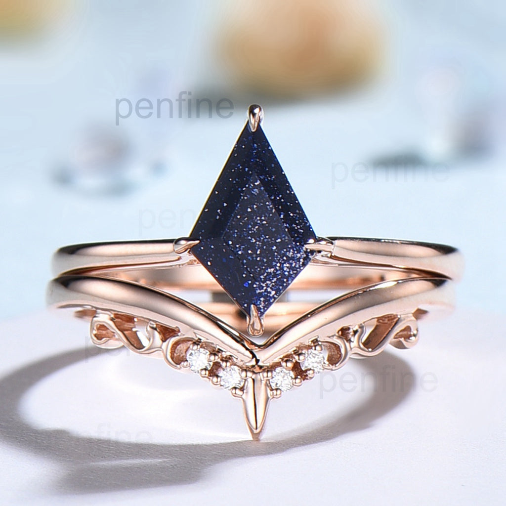 Kite cut blue sandstone ring for women solitaire engagement ring set 14k rose gold - PENFINE