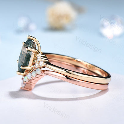 Unique hexagon moss agate ring women vintage green moss agate engagement ring set opal moissanite wedding set anniversary promise ring - PENFINE