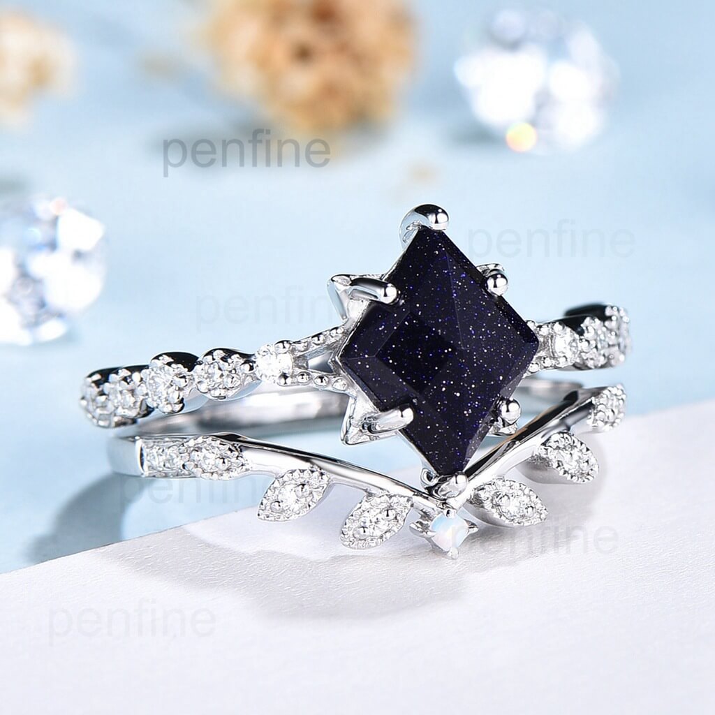 Blue sandstone engagement ring set Geometric white gold bridal set for woman Vintage opal diamond wedding ring promise gift Art deco ring - PENFINE