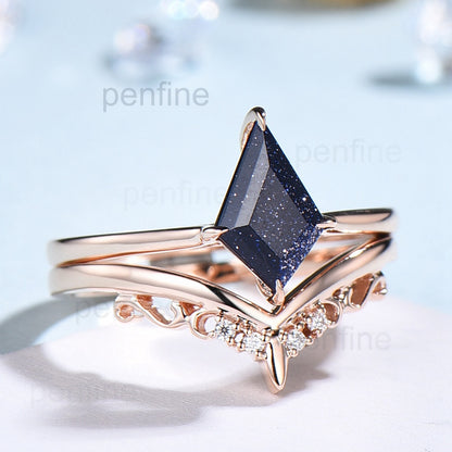 Kite cut blue sandstone ring for women solitaire engagement ring set 14k rose gold - PENFINE
